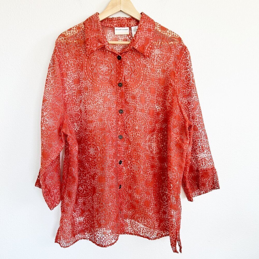 Alfred Dunner Shirt Sheer Burnout Button Down Tunic Top Burnt Orange